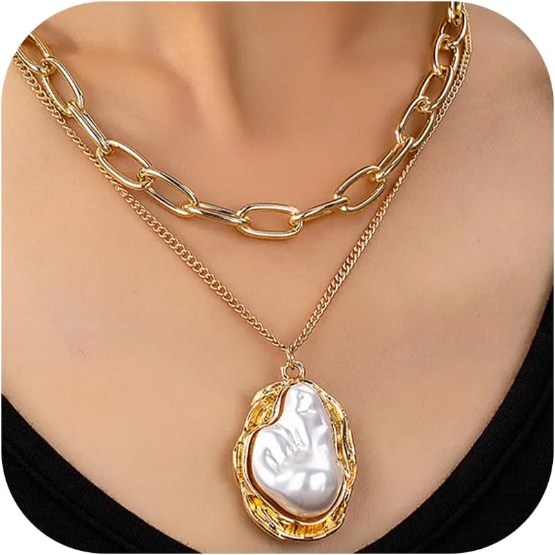Baroque Pearl Layered Necklace for Women Gold Chunky Chain Long Necklaces Pearl Pendant Statement Necklace Personalized Trendy Christmas Birthday Party Wedding Charm Jewelry 