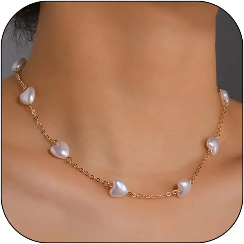 Baroque Pearl Necklaces for Women Pearl Choker Necklace Heart Charm Necklace Chunky Pearl Necklace Wedding Jewelry Gifts