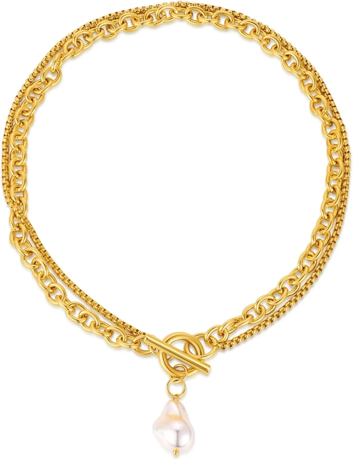 Baroque Pearl Pendant Necklace Chunky Gold Chain Link Double Layered Chain with Large Peal Statement Toggle Necklace for Women Trendy Fashion Jewelry