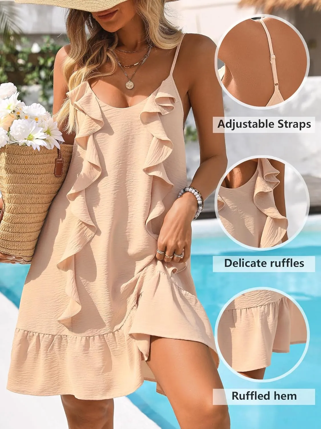 BB&KK Womens Swimsuit Cover Up Dress Ruffled Spaghetti Strap Dress Summer Beach Vacation Bathing Suit Sundress Coverups 2025