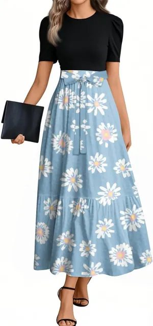Beach Boho Dresses for Women, 2025 Floral Print Maxi Jumpsuits for Women Spring Bow Crew Neck Womens Romper