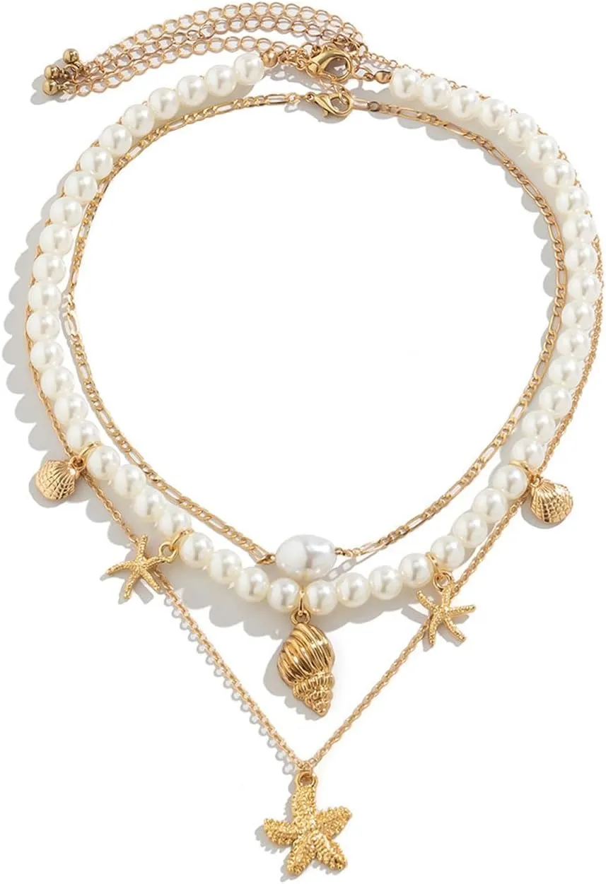 Beach Pearl Necklace for Women Gold Starfish Layerd Necklace Sea Shell Charm Necklace Summer Beach Choker Necklace for Women Jewelry