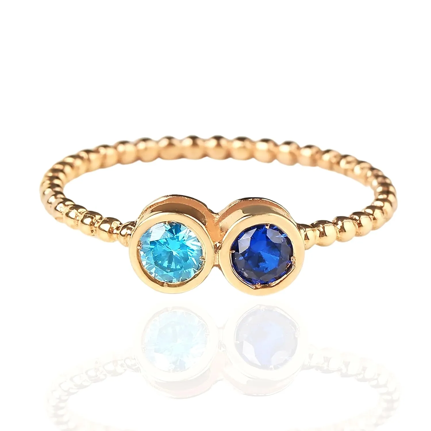 Beaded Band Statement Ring with Dual Birthstone Bezels - Sterling Silver, 14k-18k Gold Options