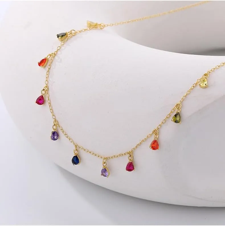 Beaded Droplet Choker Necklace, S925 Sterling Silver Cubic Zirconia Crystal Bezels Drop Charm Necklace Minimalist Simple Jewelry Gift
