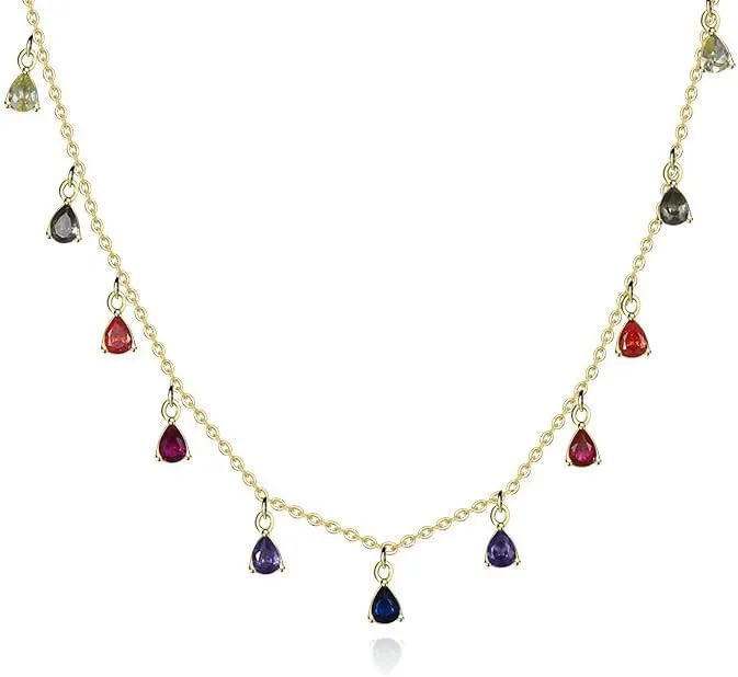 Beaded Droplet Choker Necklace, S925 Sterling Silver Cubic Zirconia Crystal Bezels Drop Charm Necklace Minimalist Simple Jewelry Gift
