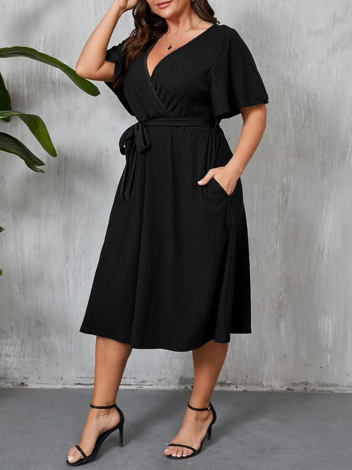 Beautife Women's Plus Size V Neck Dress Tie Front Ruffle Short Sleeve Ribbed Knit Summer Midi Dresses