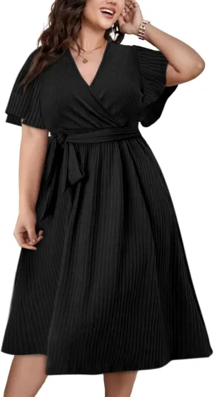 Beautife Women's Plus Size V Neck Dress Tie Front Ruffle Short Sleeve Ribbed Knit Summer Midi Dresses