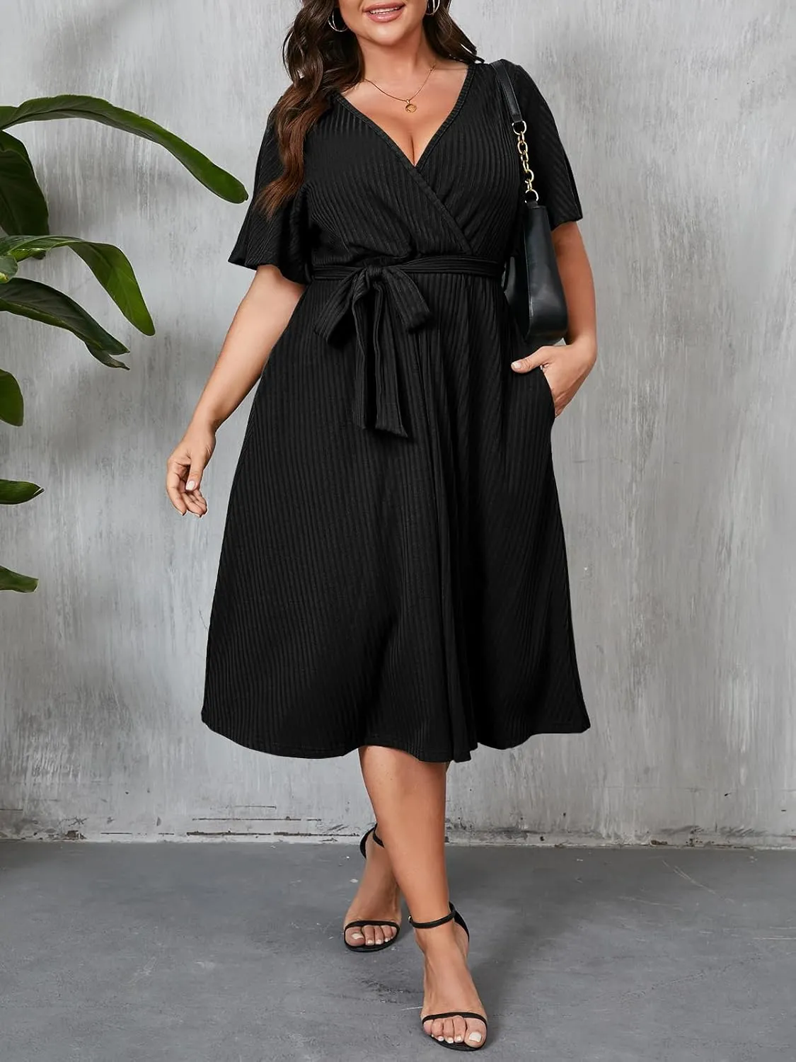 Beautife Women's Plus Size V Neck Dress Tie Front Ruffle Short Sleeve Ribbed Knit Summer Midi Dresses