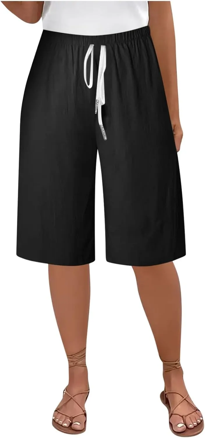 Bermuda Shorts for Women Trendy Summer Casual Elastic High Waisted Drawstring Wide Leg Lounge Shorts Trousers