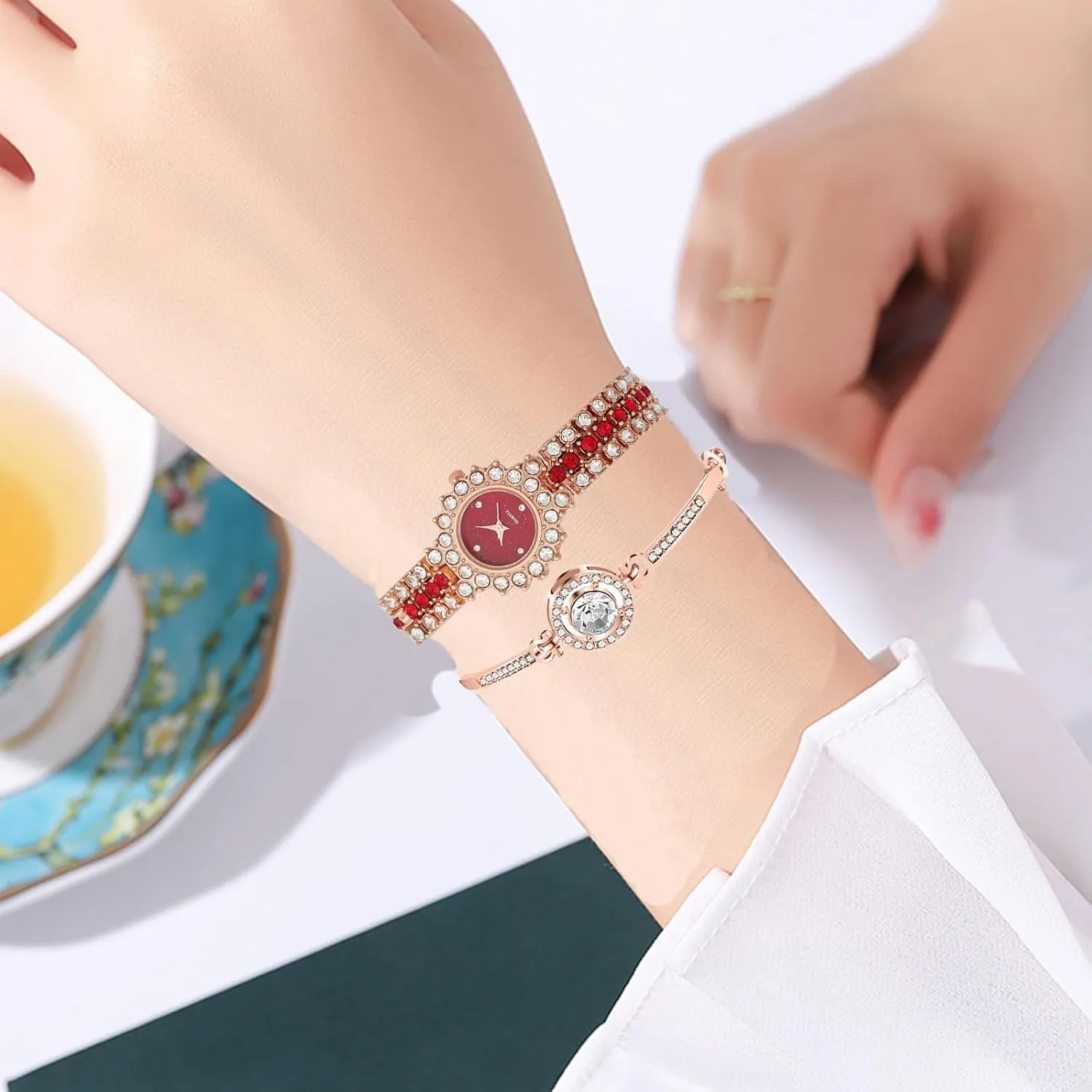 BESTKANG Two Tone Women's Watch Full Diamond Luxury Elegant Rhinestone Quartz Waterproof Watches for Women Bracelet Set