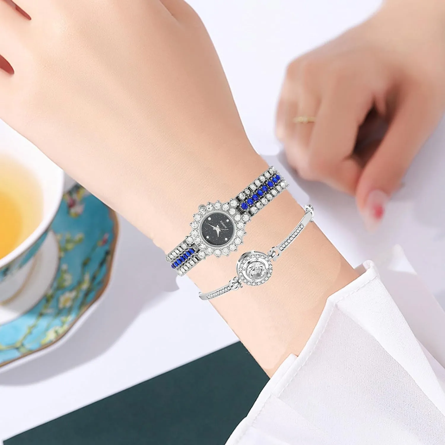BESTKANG Two Tone Women's Watch Full Diamond Luxury Elegant Rhinestone Quartz Waterproof Watches for Women Bracelet Set