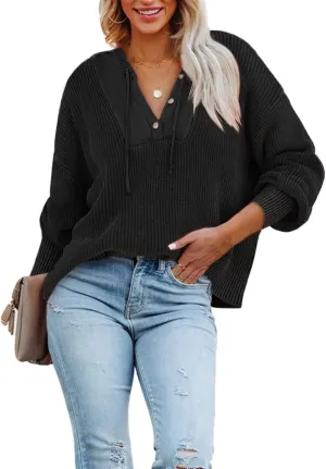 BEZEKC Oversized Sweaters for Women Long Sleeve Black Henley Hoodies Lightweight Chunky Knitted Sweatshirt Loose Hooded Pullover Sweaters Jumper Fall Tops Medium