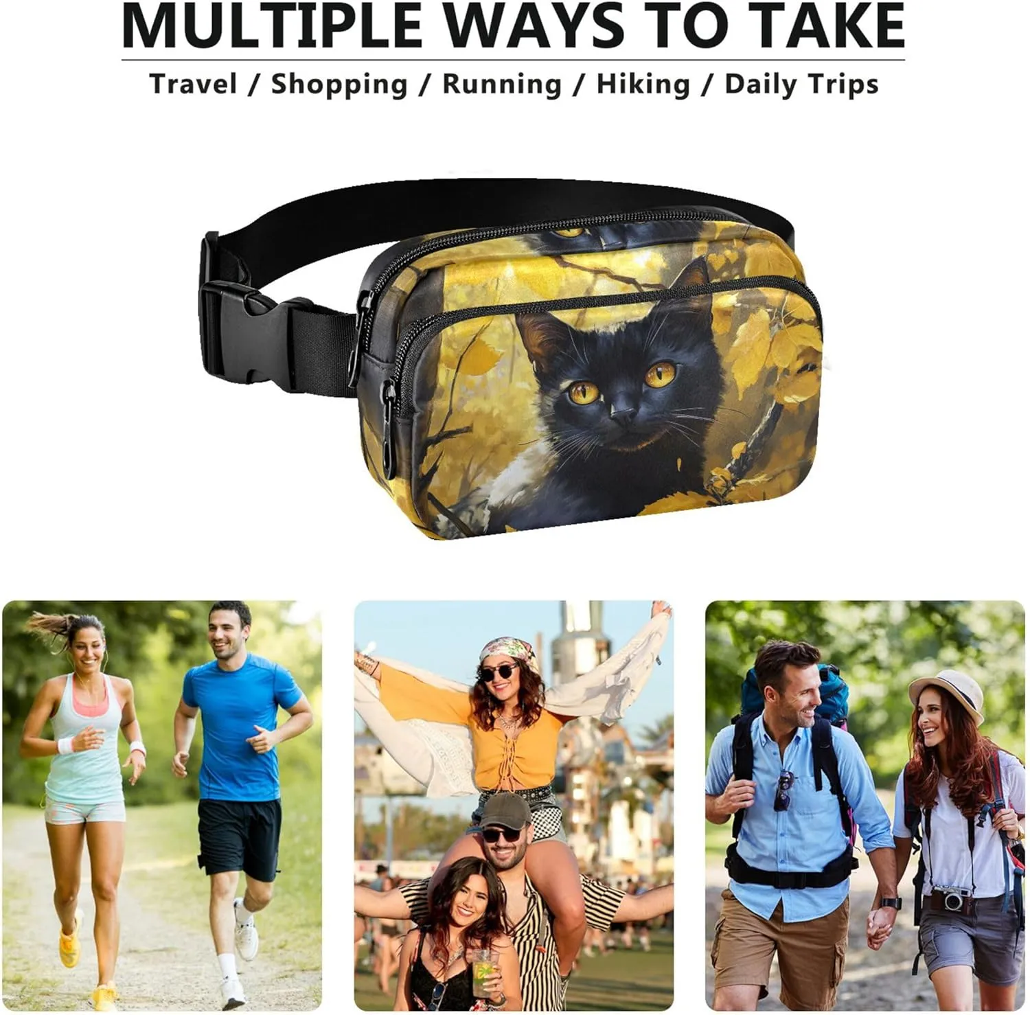 Black Cute Cat Forest Yellow Women Fanny Pack Funny Everywhere Belt Bag Waterproof Travel Waist Pack for Men