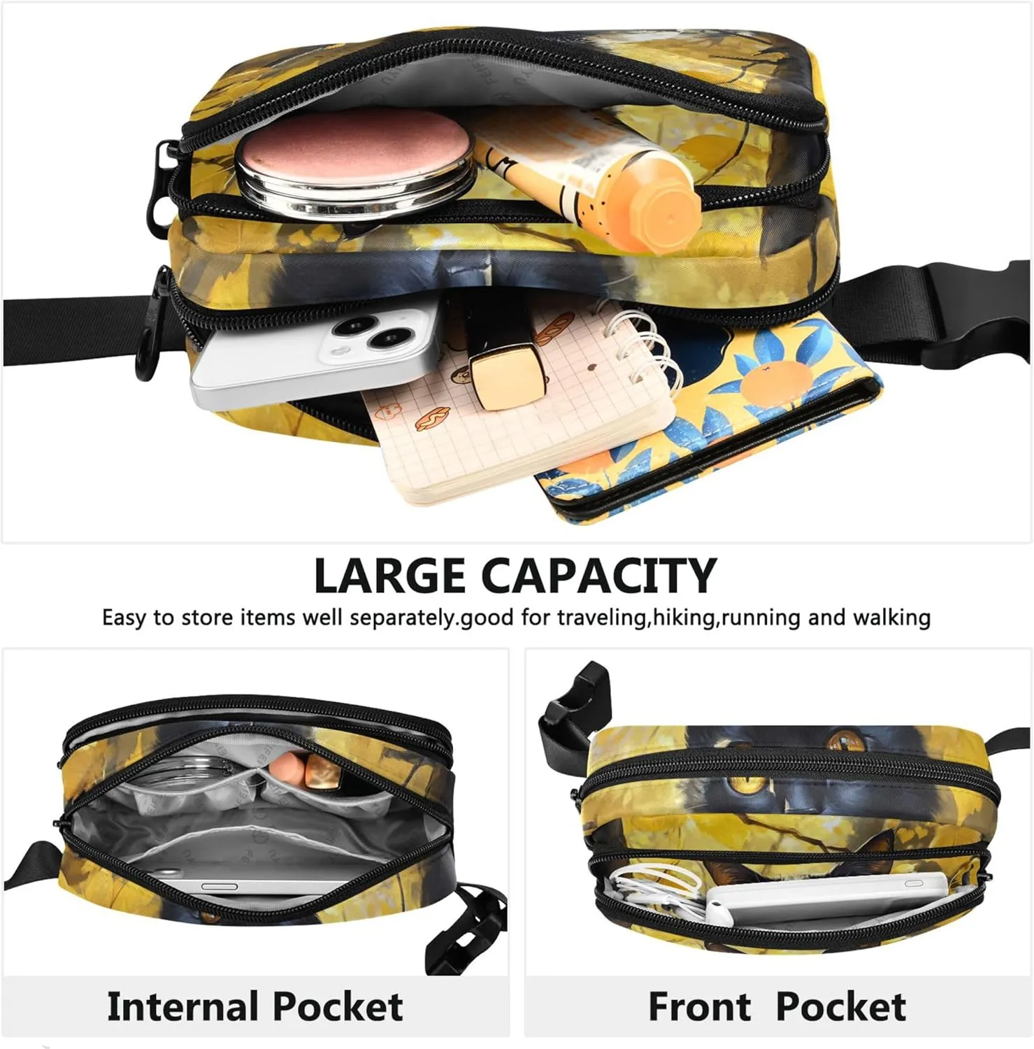 Black Cute Cat Forest Yellow Women Fanny Pack Funny Everywhere Belt Bag Waterproof Travel Waist Pack for Men