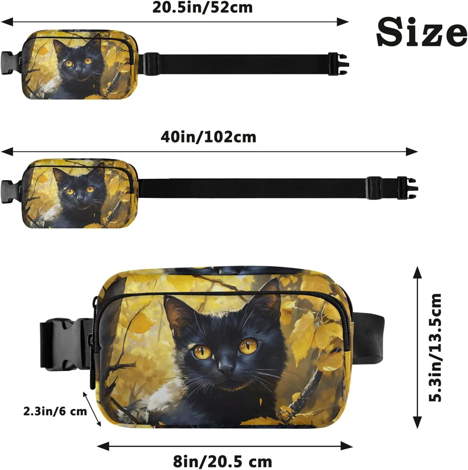 Black Cute Cat Forest Yellow Women Fanny Pack Funny Everywhere Belt Bag Waterproof Travel Waist Pack for Men