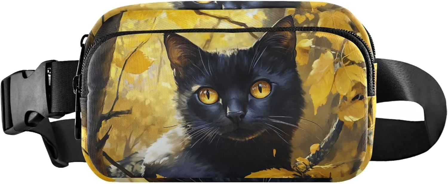 Black Cute Cat Forest Yellow Women Fanny Pack Funny Everywhere Belt Bag Waterproof Travel Waist Pack for Men