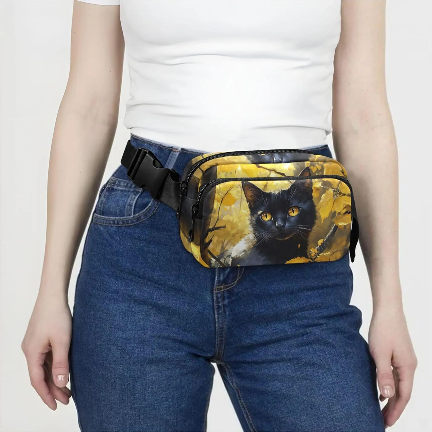 Black Cute Cat Forest Yellow Women Fanny Pack Funny Everywhere Belt Bag Waterproof Travel Waist Pack for Men