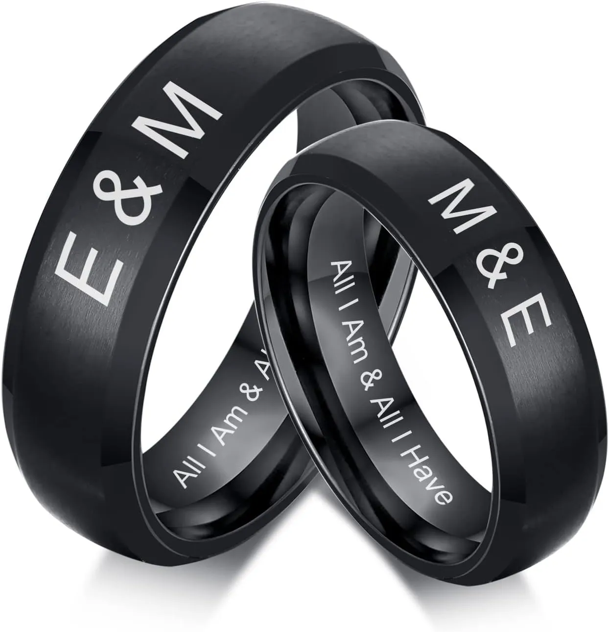Black Wedding Rings Set for Him and Her - Mens Engraved Rings, Class Bands for Man Women, Stainless Steel Personalized Matching Rings for Couples on Engagement Birthday Anniversaries Valentine's Day