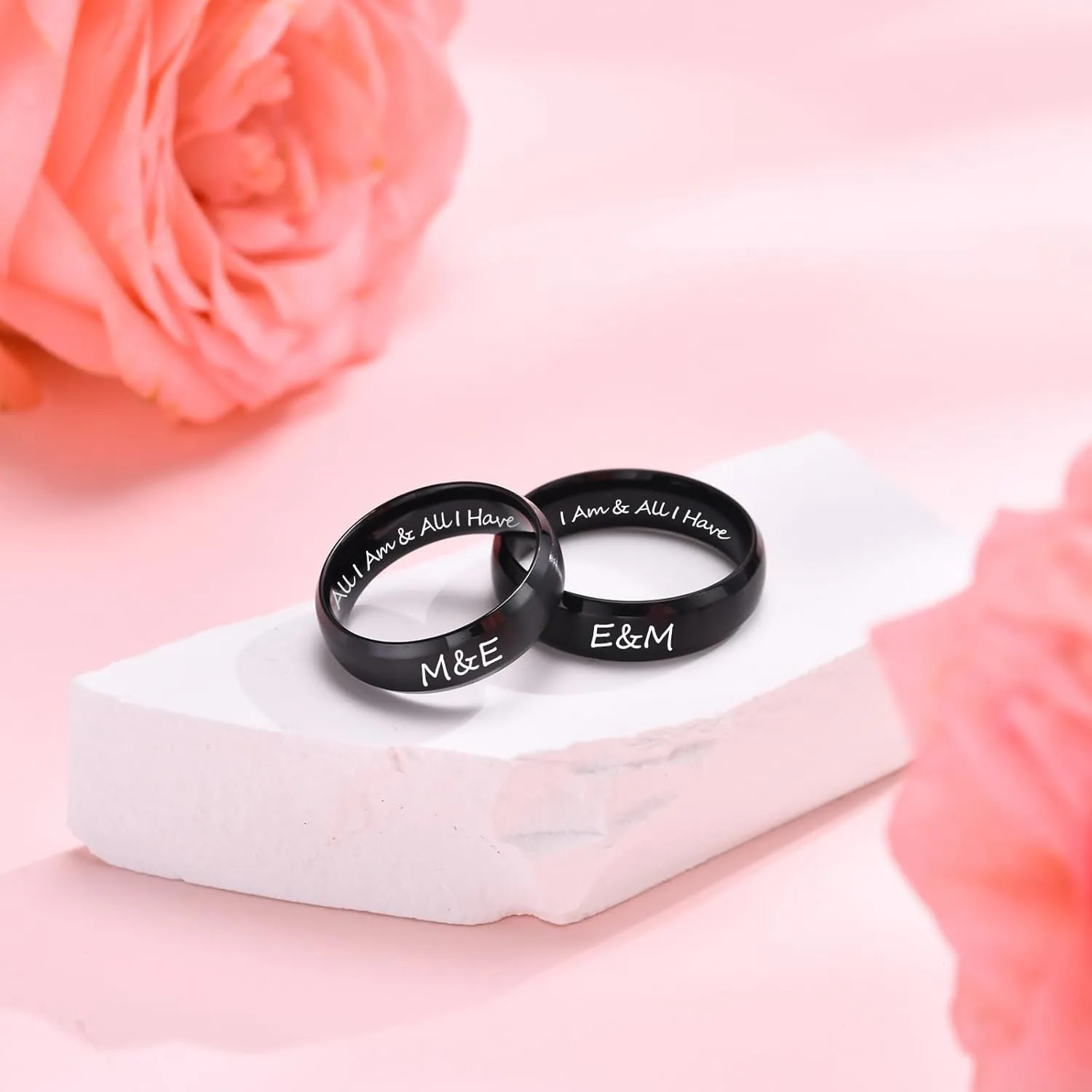 Black Wedding Rings Set for Him and Her - Mens Engraved Rings, Class Bands for Man Women, Stainless Steel Personalized Matching Rings for Couples on Engagement Birthday Anniversaries Valentine's Day