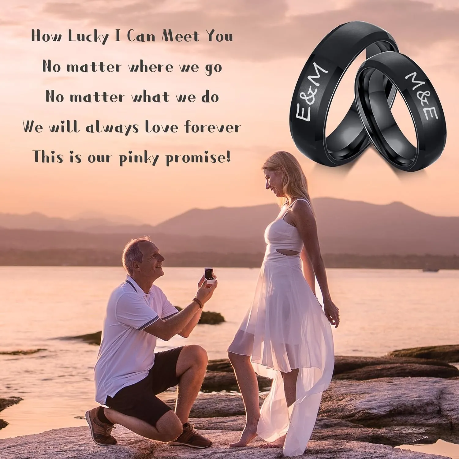 Black Wedding Rings Set for Him and Her - Mens Engraved Rings, Class Bands for Man Women, Stainless Steel Personalized Matching Rings for Couples on Engagement Birthday Anniversaries Valentine's Day