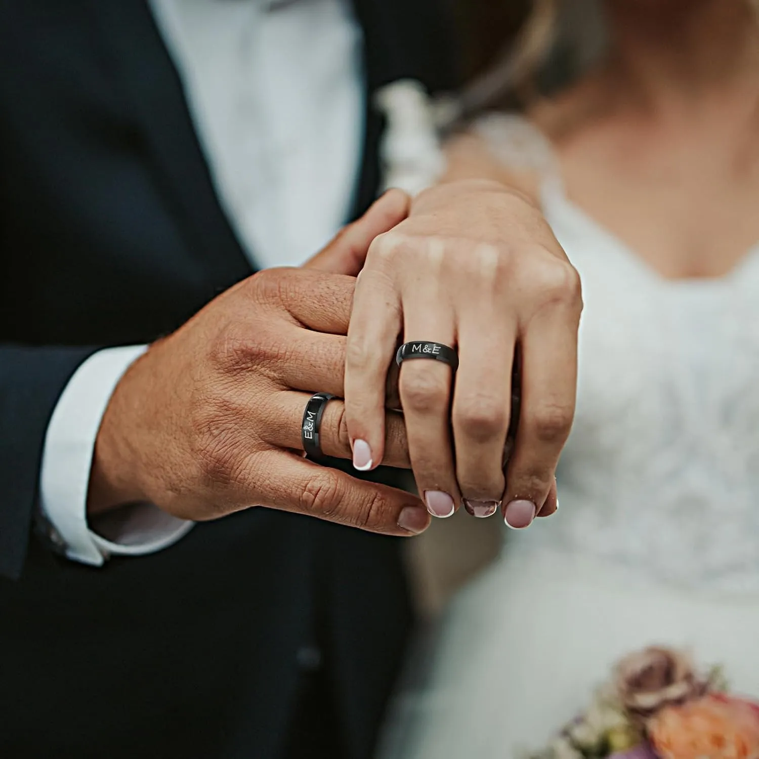 Black Wedding Rings Set for Him and Her - Mens Engraved Rings, Class Bands for Man Women, Stainless Steel Personalized Matching Rings for Couples on Engagement Birthday Anniversaries Valentine's Day