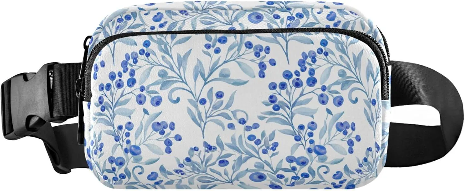Blue Floral Berries Fanny Packs Women Hip Pouch Belt Bag Waterproof Neon Waist Pouch for Women