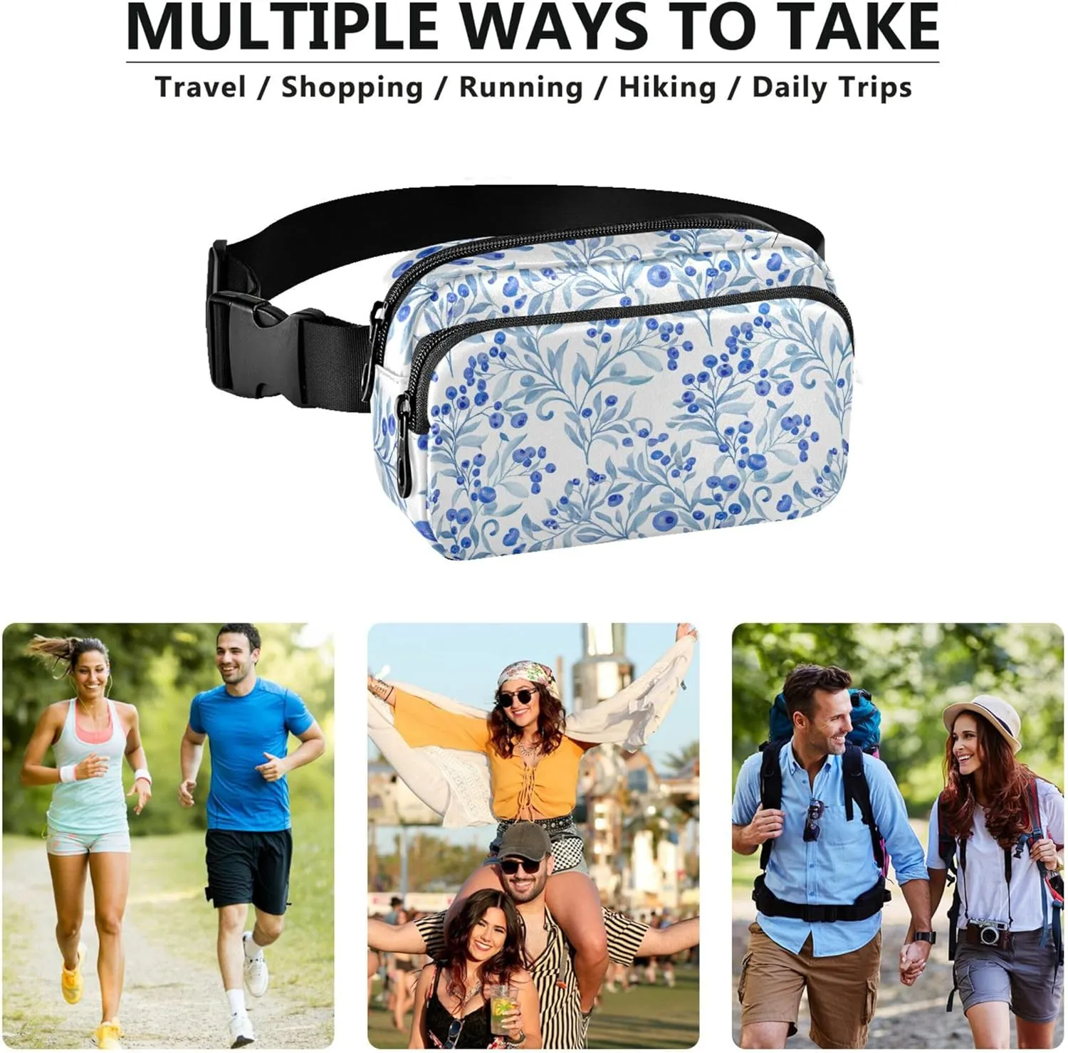 Blue Floral Berries Fanny Packs Women Hip Pouch Belt Bag Waterproof Neon Waist Pouch for Women
