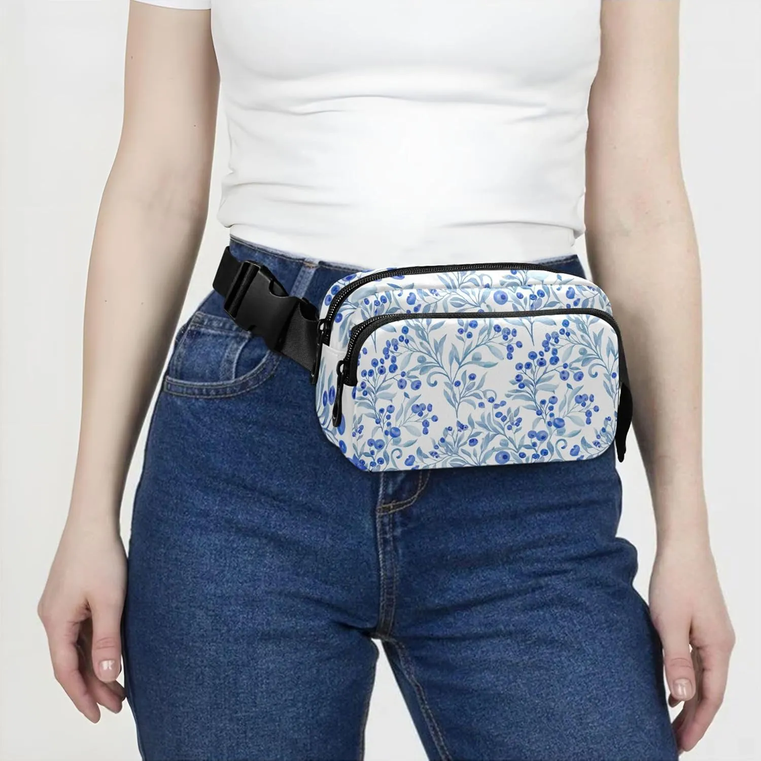 Blue Floral Berries Fanny Packs Women Hip Pouch Belt Bag Waterproof Neon Waist Pouch for Women
