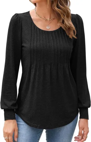 Bluetime Women's Puff Long Sleeve Pleated Front Scoop Neck Tunic Tops Fall Tshirts Shirts Blouses