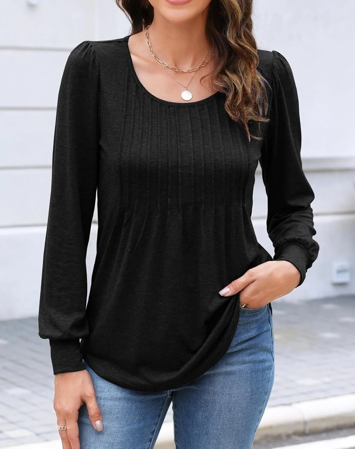 Bluetime Women's Puff Long Sleeve Pleated Front Scoop Neck Tunic Tops Fall Tshirts Shirts Blouses