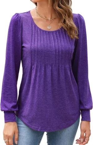 Bluetime Women's Puff Long Sleeve Pleated Front Scoop Neck Tunic Tops Fall Tshirts Shirts Blouses