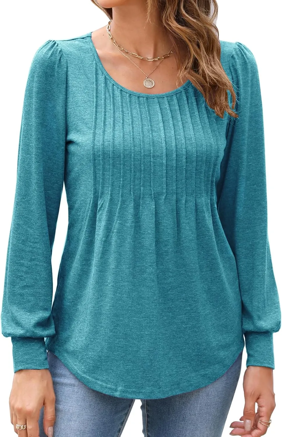 Bluetime Women's Puff Long Sleeve Pleated Front Scoop Neck Tunic Tops Fall Tshirts Shirts Blouses