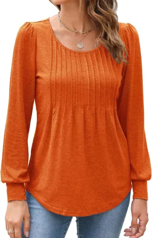 Bluetime Women's Puff Long Sleeve Pleated Front Scoop Neck Tunic Tops Fall Tshirts Shirts Blouses