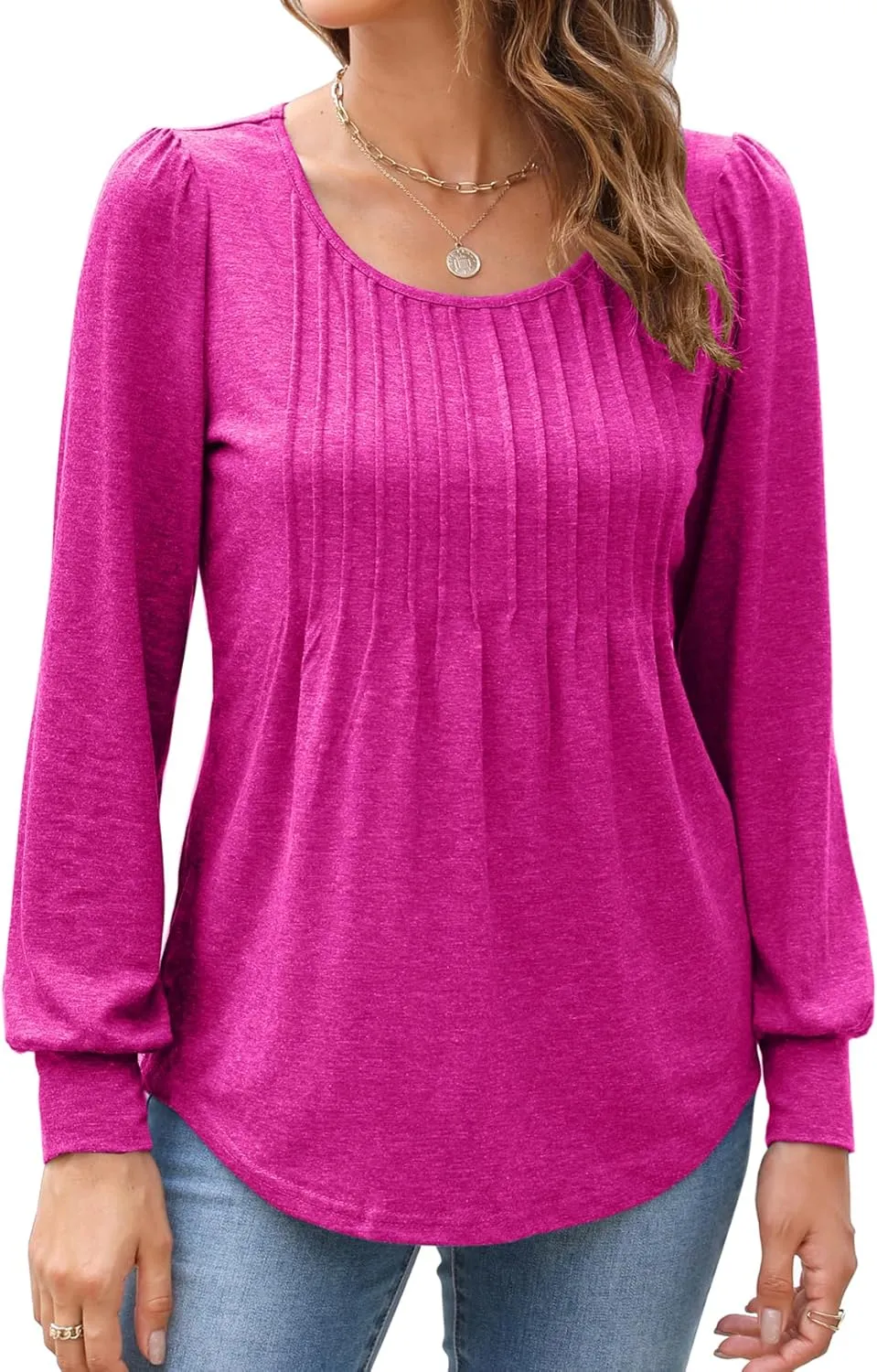 Bluetime Women's Puff Long Sleeve Pleated Front Scoop Neck Tunic Tops Fall Tshirts Shirts Blouses