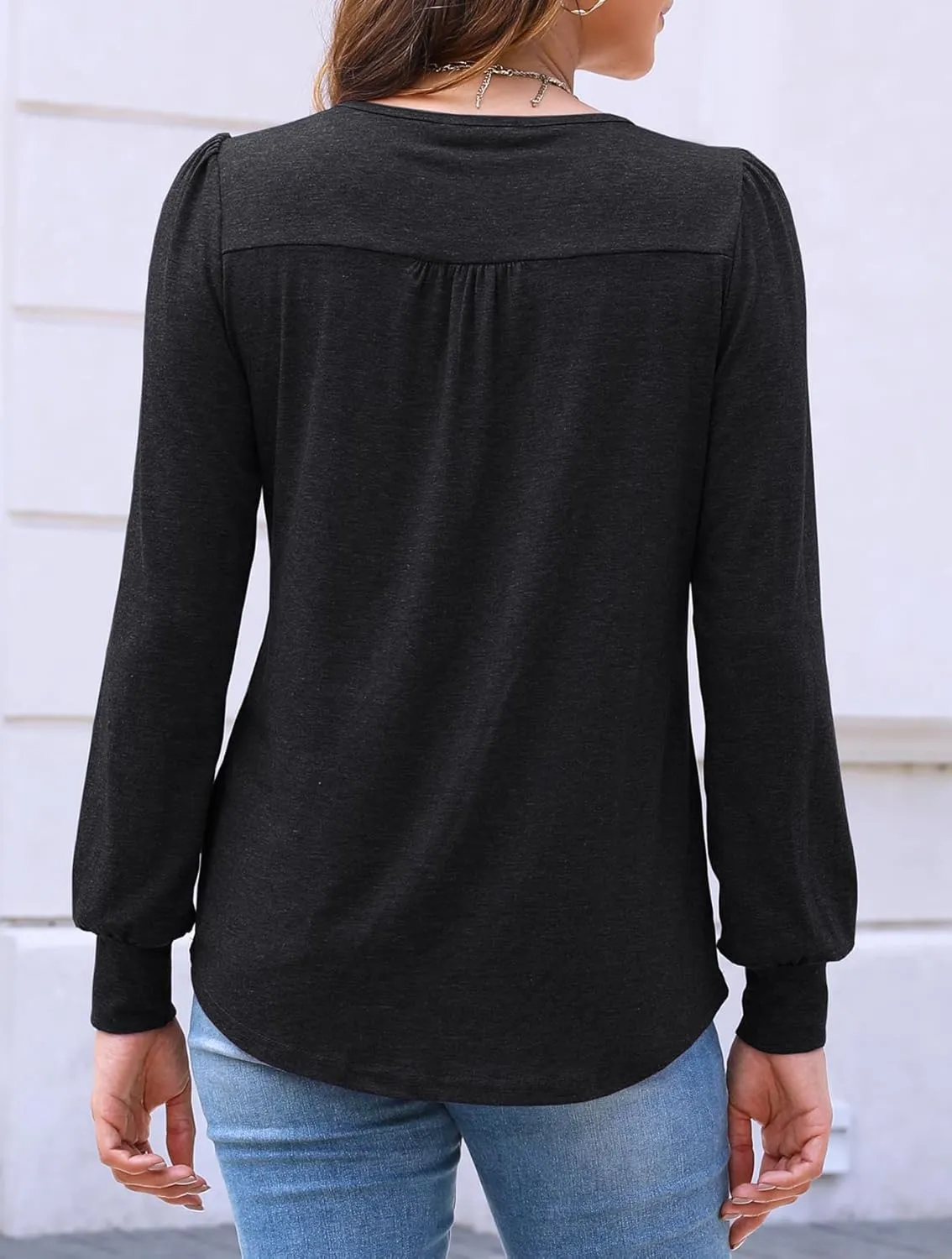 Bluetime Women's Puff Long Sleeve Pleated Front Scoop Neck Tunic Tops Fall Tshirts Shirts Blouses