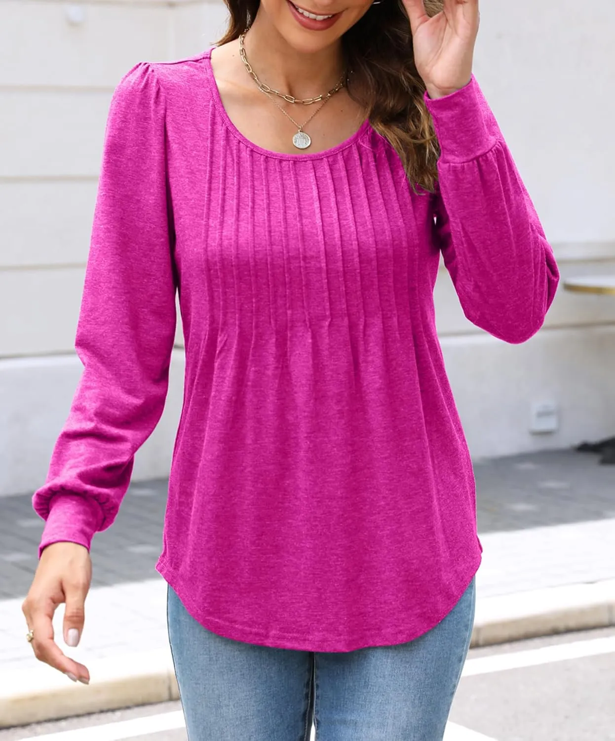 Bluetime Women's Puff Long Sleeve Pleated Front Scoop Neck Tunic Tops Fall Tshirts Shirts Blouses