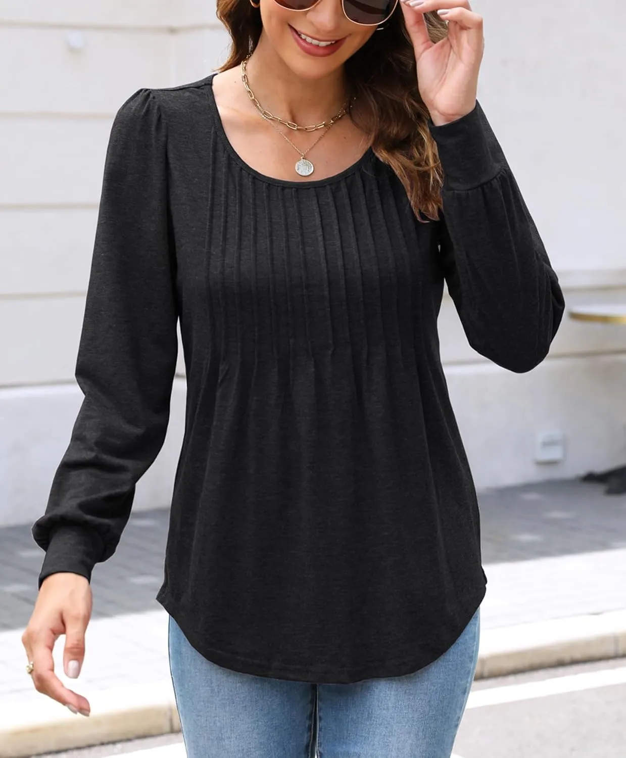 Bluetime Women's Puff Long Sleeve Pleated Front Scoop Neck Tunic Tops Fall Tshirts Shirts Blouses