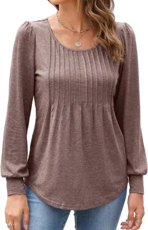 Bluetime Women's Puff Long Sleeve Pleated Front Scoop Neck Tunic Tops Fall Tshirts Shirts Blouses