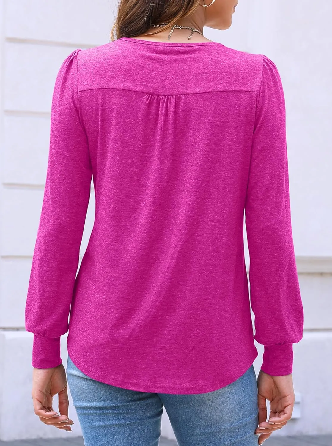 Bluetime Women's Puff Long Sleeve Pleated Front Scoop Neck Tunic Tops Fall Tshirts Shirts Blouses