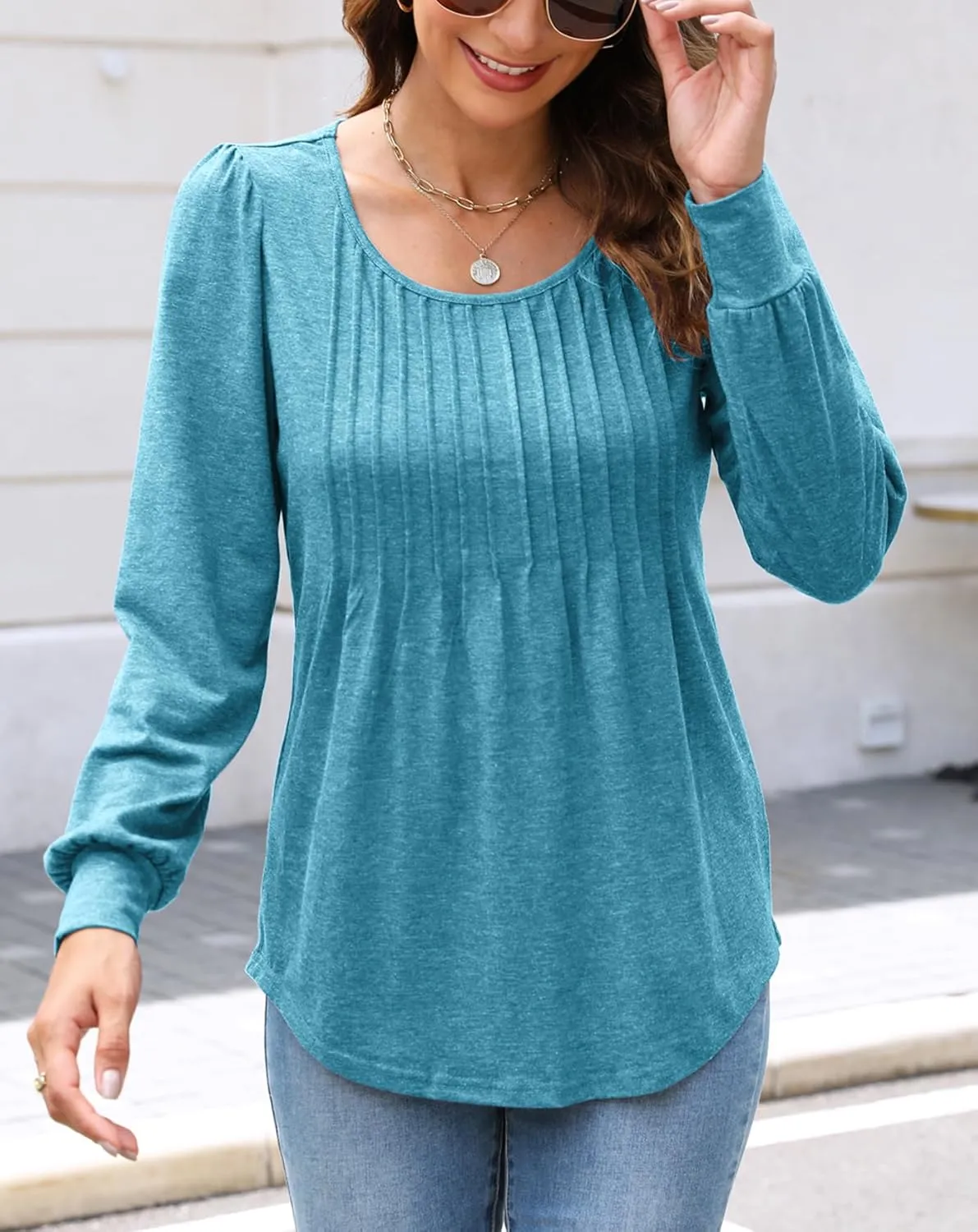 Bluetime Women's Puff Long Sleeve Pleated Front Scoop Neck Tunic Tops Fall Tshirts Shirts Blouses