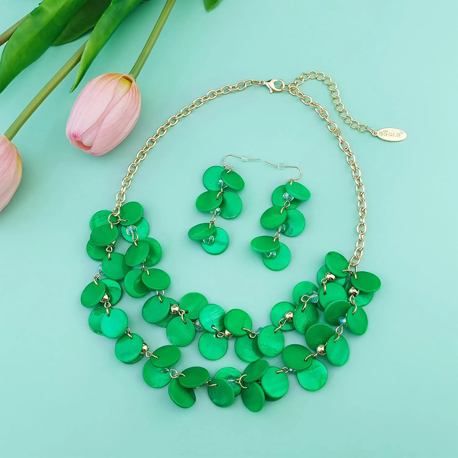 Bocar 2 Layer Statement Choker Shell Necklace and Earring Set for Women Gift