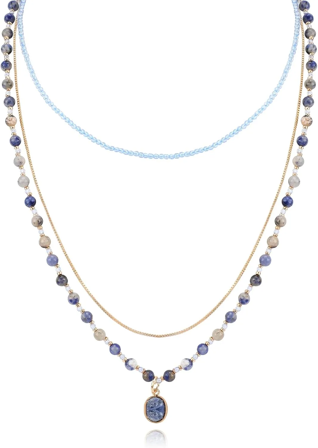Bohemian Beaded Choker Necklace for Women Multilayered Natural Stone Beads Necklace with Stone Pendant Boho Strand Statement Necklaces Handmade Hippie Necklace Beach Jewelry Gift for Women