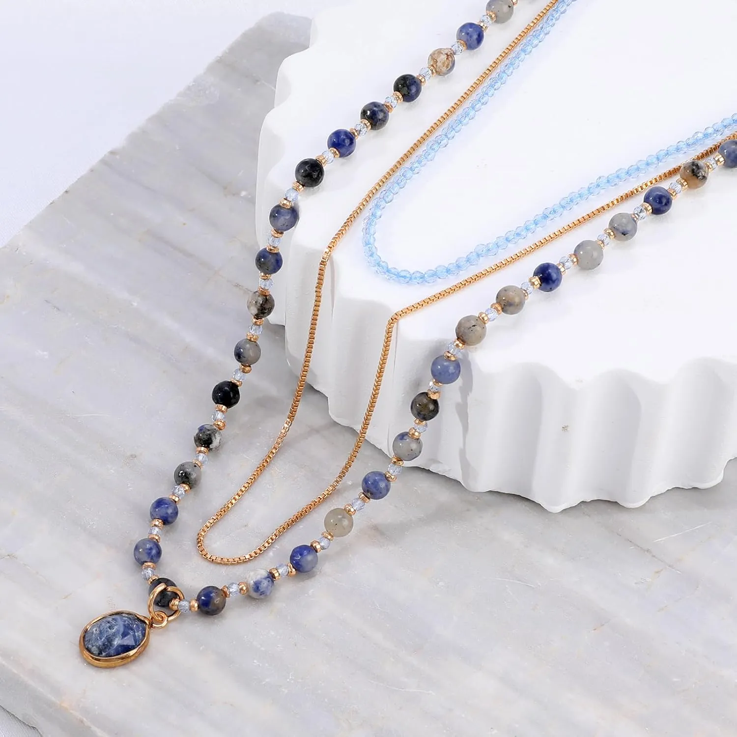 Bohemian Beaded Choker Necklace for Women Multilayered Natural Stone Beads Necklace with Stone Pendant Boho Strand Statement Necklaces Handmade Hippie Necklace Beach Jewelry Gift for Women