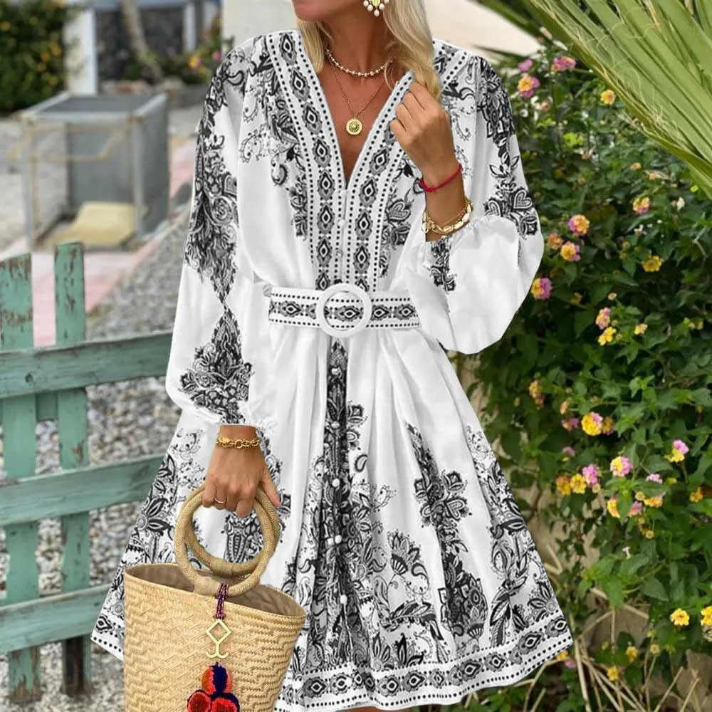 Bohemian Floral Mini Dress for Women Vintage Belted Waist V Neck Lantern Sleeve Button Front Dres