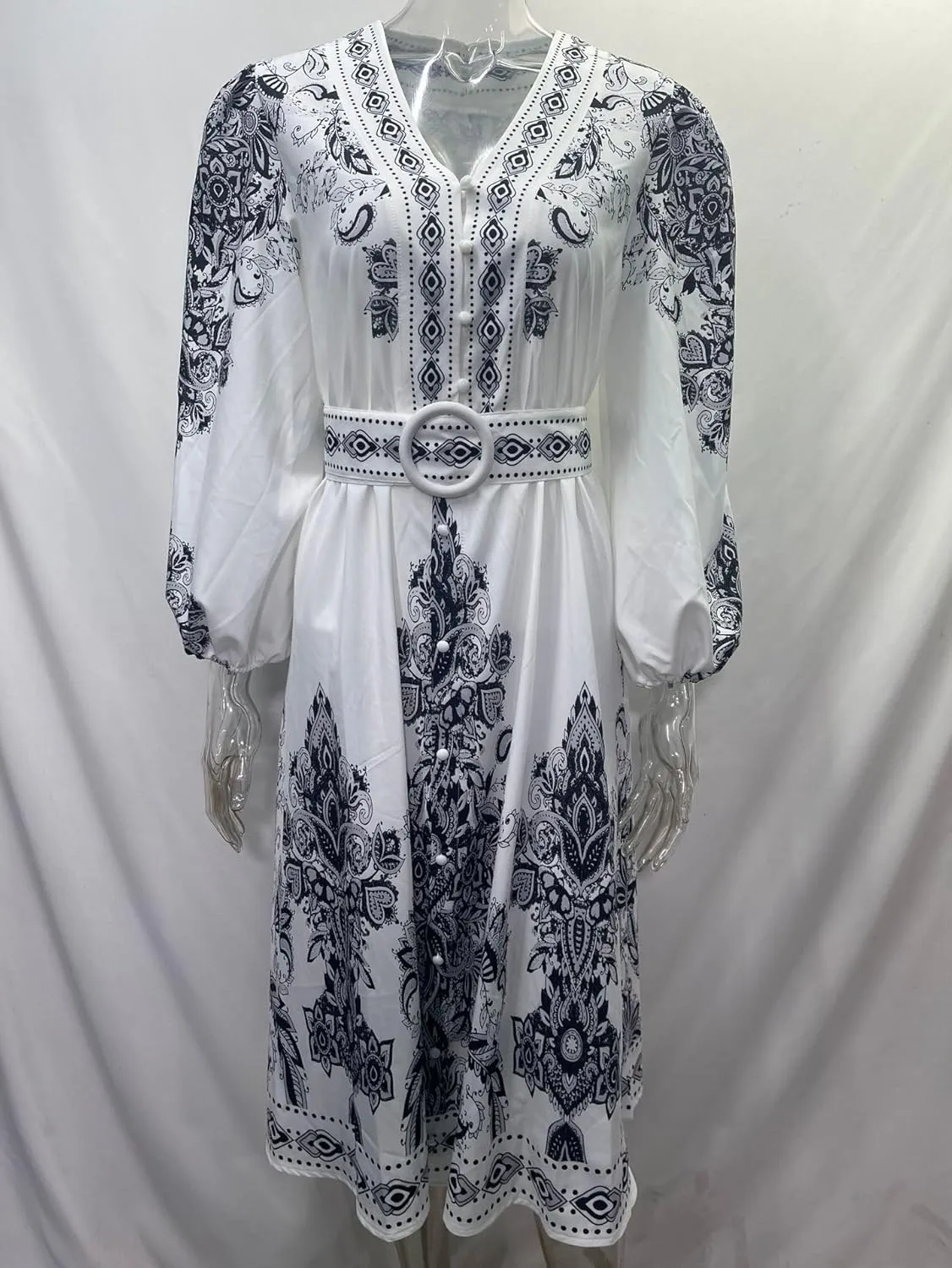 Bohemian Floral Mini Dress for Women Vintage Belted Waist V Neck Lantern Sleeve Button Front Dres