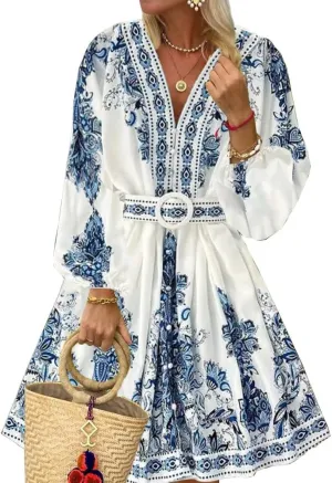 Bohemian Floral Mini Dress for Women Vintage Belted Waist V Neck Lantern Sleeve Button Front Dres