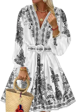 Bohemian Floral Mini Dress for Women Vintage Belted Waist V Neck Lantern Sleeve Button Front Dres