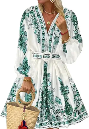 Bohemian Floral Mini Dress for Women Vintage Belted Waist V Neck Lantern Sleeve Button Front Dres