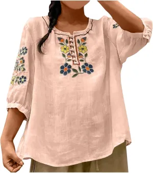 Boho Cute Cotton Linen Shirts Women Retro Embroidered Floral 3/4 Sleeve Tops Dressy Casual Loose Henley Neck Blouses