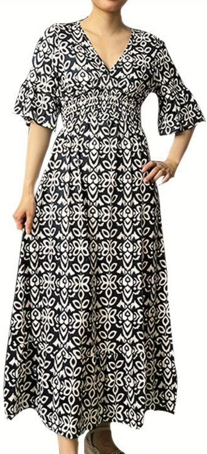 Boho Floral Dress for Women V Neck Wrap Midi Dress Plus Size Casual Flowy Summer Bohemian Dress